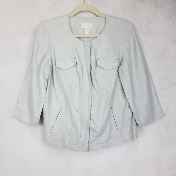 Chico's Size 0 - XS Zip up Lightweight Jacket 3/4 Sleeves Linen Silver - Picture 1 of 11